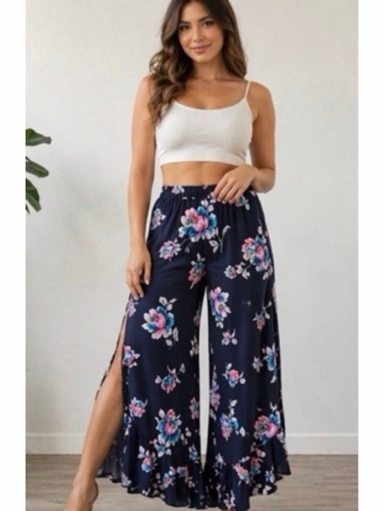 AVA Pants - Floral Slit Leg Ruffle Wide Leg Palazzo Pants